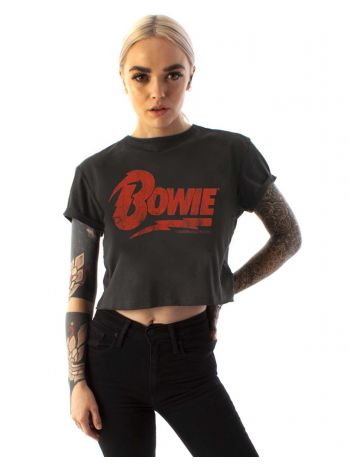 Amplified David Bowie T-Shirt für Damen | Damen Band Music Logo Crop Grey Top | Festival-Merchandise