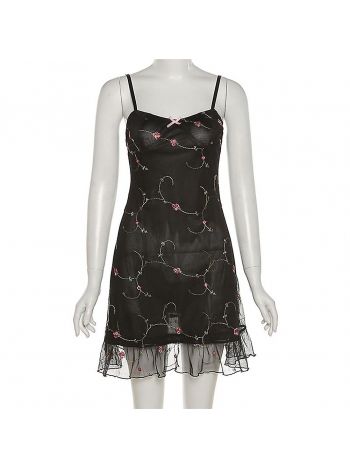 E-Girl Schwarzes Vintage-Kleid mit floralem Netzstoff und Stickerei